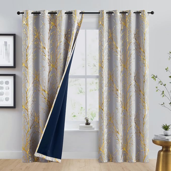 FMFUNCTEX 100% Blackout Grey Gold Foil Tree Curtains 96 Inch Long 2 Panels | - Image 2