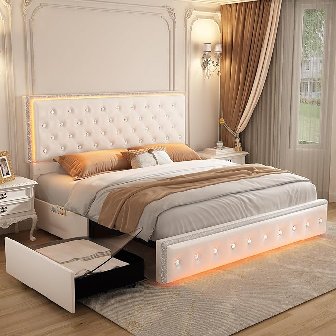 King Led Bed Frame with 2 Drawers, Modern Heavy Duty Upholstered Platform King Size Bed Frames with Crystal Button Tufted Headboard, Solid Slats, Noise Free, No Box Spring Needed, PU White