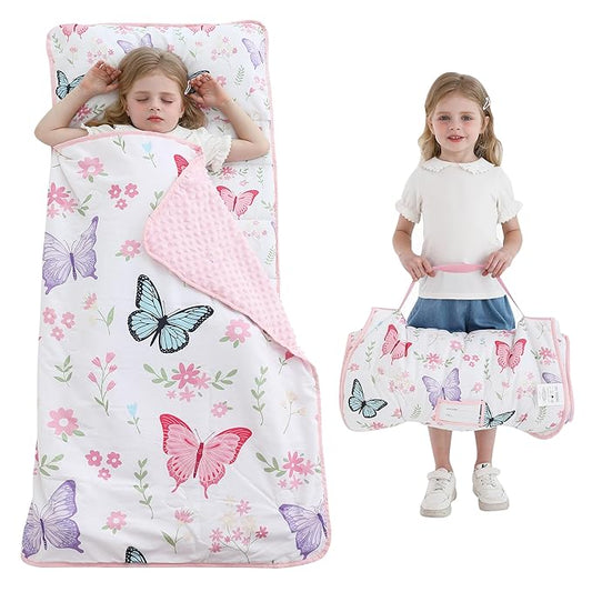 Viviland Toddler Kid Nap Mat for Preschool, White Butterfly Slumber Bag, Daycare Sleeping Bag with Pillow and Blanket, Kindergarten Sleep Mat