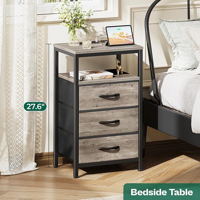 Huuger Nightstand with Charging Station, 27.6 Inch Bedside Table, Side Table | - Image 3