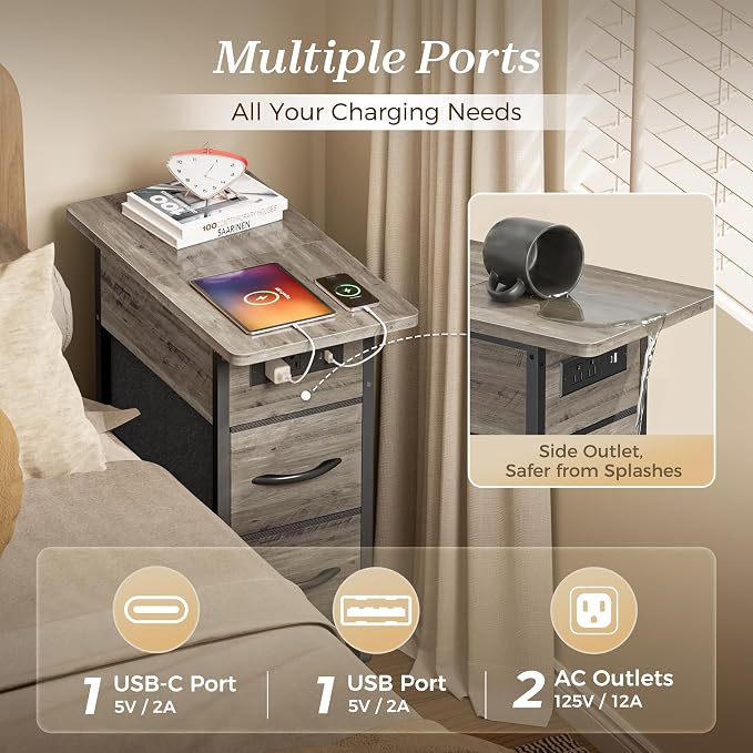 Huuger Narrow End Table with Charging Station, Side Table with 2 Drawers | Slim - Image 5