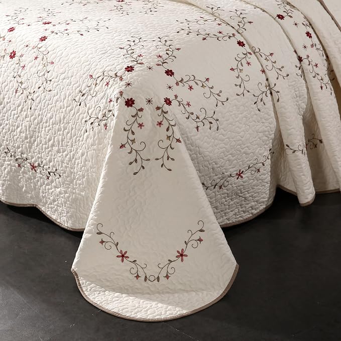 Quilt Set King Floral Leaves 3D Embroidery Pattern 3-Piece Cotton Blend | - Image 6