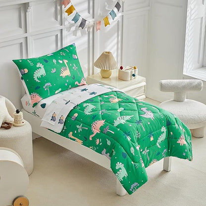 DuShow Dinosaur Toddler Bedding Set for Boys, 4 Pieces Soft Crib Bed Set Including Comforter, Fitted Sheet, Flat Top Sheet and Pillowcase-Green
