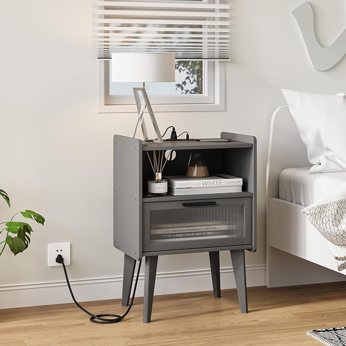 MMEOLUOOK Nightstand with Charging Station, Bedside Tables Grey End Table Side - Image 2