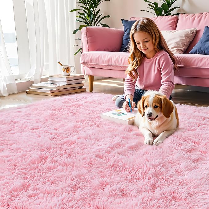 KICHOWUA Pink Fluffy 9x12 Area Rug Bedroom Living Room Soft Washable Shag | - Image 2