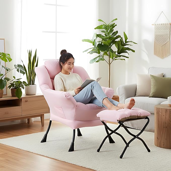 Welnow Lazy Chair with Ottoman, Reading Chair with Footrest，Pink | A Side Pocket - Image 4