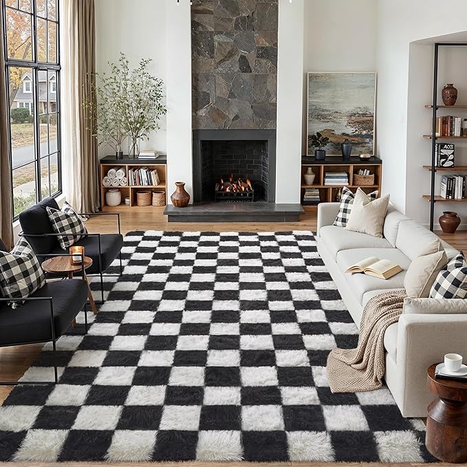 Checkered Rug 9x12 for Living Room Black and White Soft Shag Rugs | Machine by PureCozy