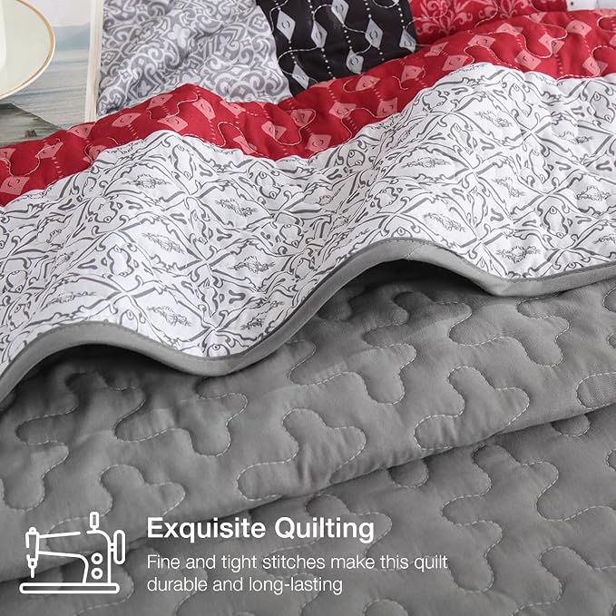 WONGS BEDDING Stripe Quilt Set Queen, Boho Bedspread Sets, Breathable - Image 6