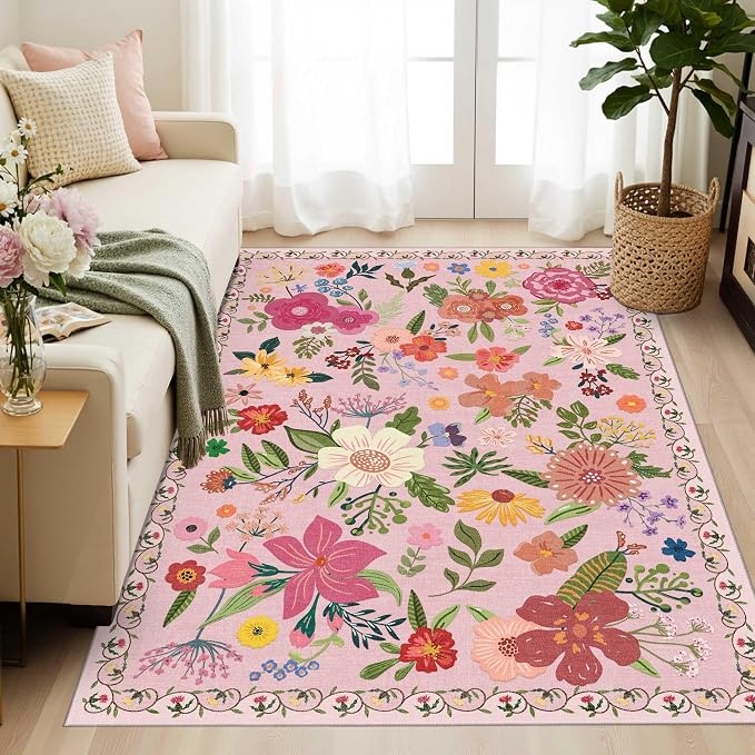 Latte&Fog 3x5 Entryway Area Rugs, Washable Floral Pink Rugs - Image 4