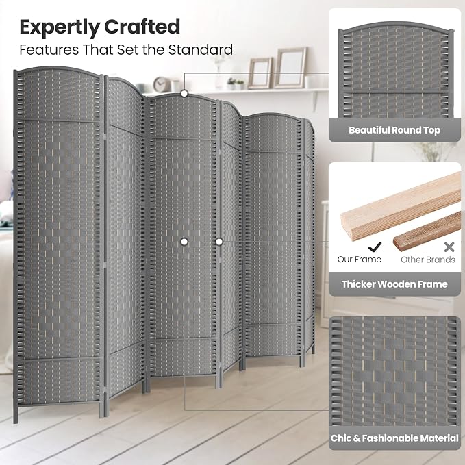 6 Panel Folding Room Divider, Woven Privacy Screen, handcrafted diamond pattern - Image 2