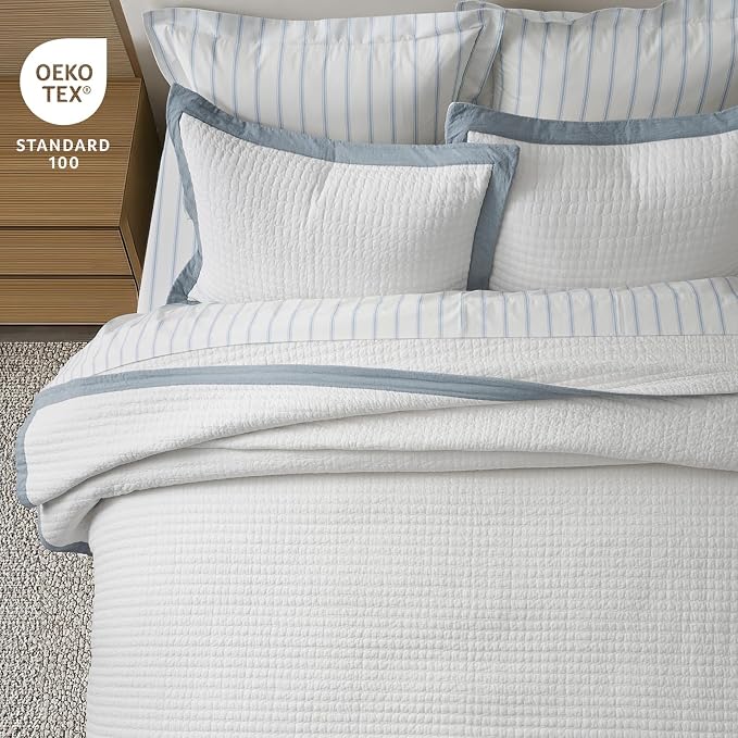 Cotton Border Frame Tack-Stitch Quilt Bedding Set King Size, Coastal Oversized - Image 5