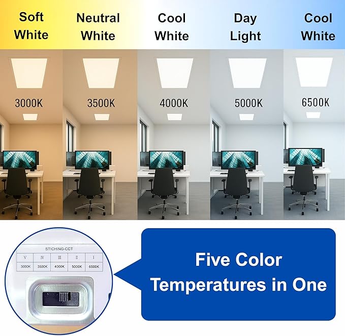 2x4 LED Flat Panel Light Drop Ceiling Office Fixture, 6500LM, Selectable Features, 30W/40W/50W/60W/72W, 3000K/3500K/4000K/5000K/6500K, Dimmable (0-10V), Dustproof ETL