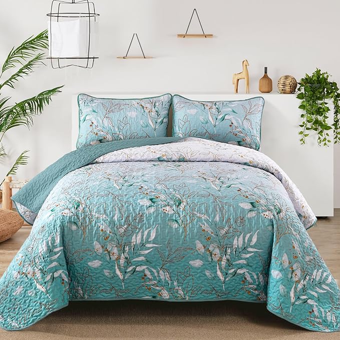 Aninbedding Floral Queen Quilt Set, 3 Piece Gradient Aqua Flower Pattern by Anibedding