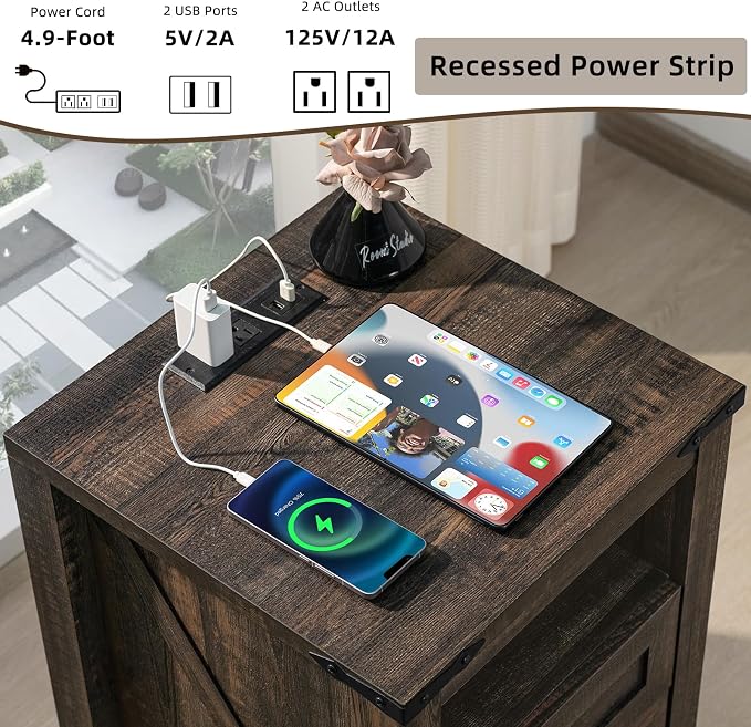 Joaxswe Nightstand with Charging Station and 2 Drawers, Farmhouse | Dark Drey - Image 4