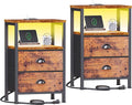 Night Stand Set 2 with Charging Station, LED Light, 2 Drawers, Rustic Brown | by Furologee