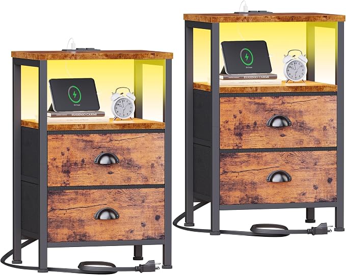 Night Stand Set 2 with Charging Station, LED Light, 2 Drawers, Rustic Brown | by Furologee