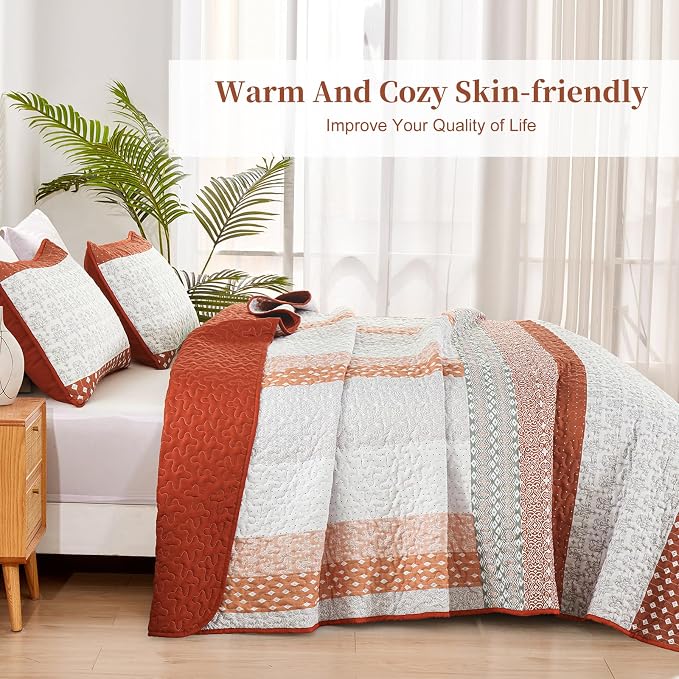 WONGS BEDDING Boho Quilt Set King Size, Stripe Bedspread Sets, Burnt Orange | - Image 3