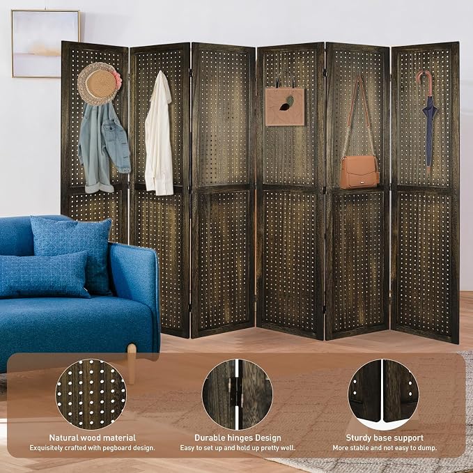 6 Panel Pegboard Room Divider | Brown Wood Folding Privacy Screen - Image 6