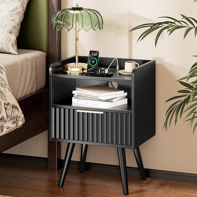 Huuger Nightstand with Charging Station, USB-C Port, End Table | Fluted Night by Huuger