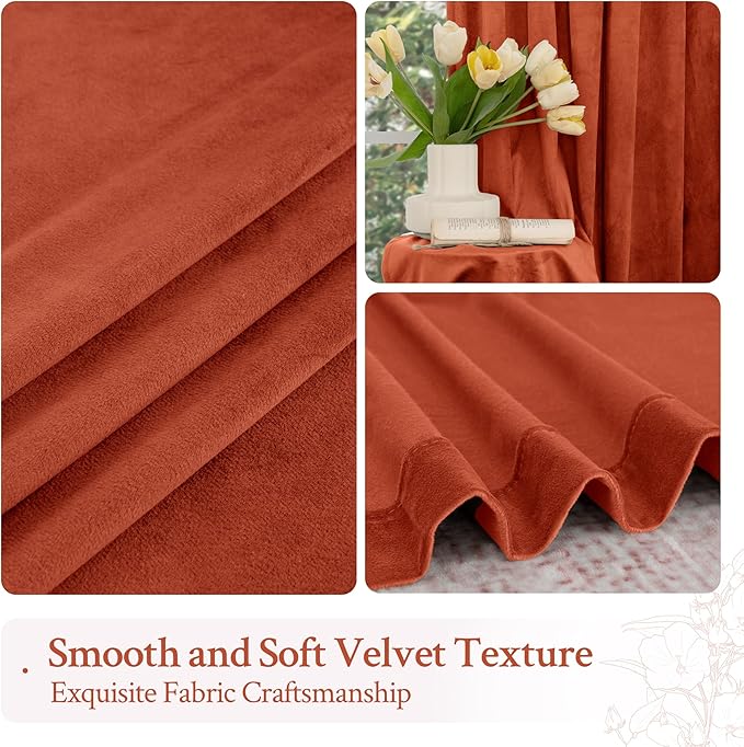 LAMIT Velvet Curtains 90 Inch for Living Room, Thermal Insulated Room Darkening Panels Rustic Vintage Noise Reducing Window Drapes with Back Tab and Rod Pocket, 2 Panels, Terracotta, 52 x 90 Inch