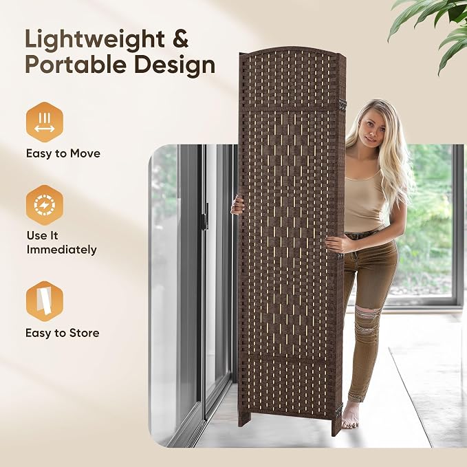 Rattan Room Divider, 6-Panel Folding Privacy Screen 6ft. Extra Wide | Double - Image 5