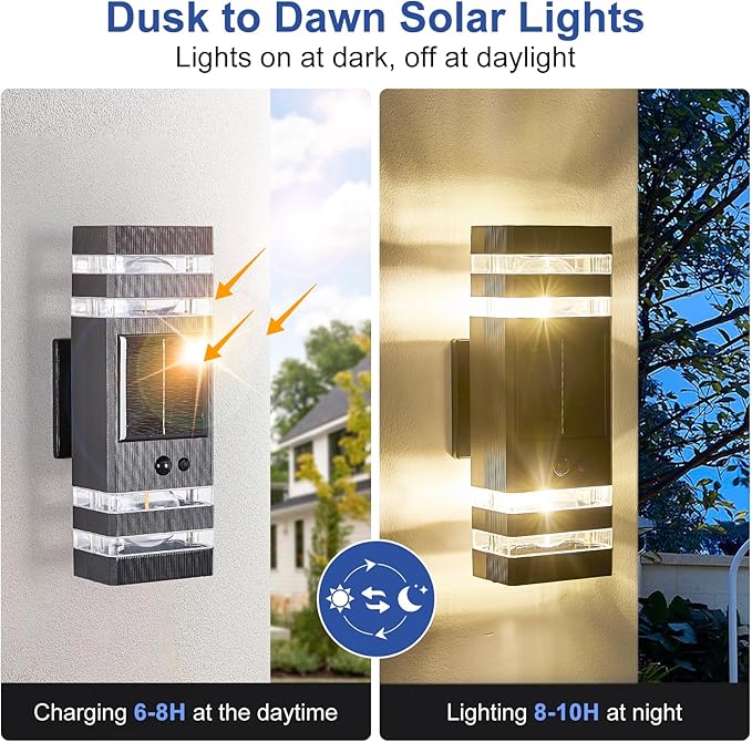 Delicavy 2 Pack Solar Outdoor Wall Lights with 3-Mode Motion Sensor Outside Sconces Up Down Solar Porch Light Fixtures 3000K 500LM Dusk to Dawn Modern Exterior Wall Lamp for House Garage Front Door
