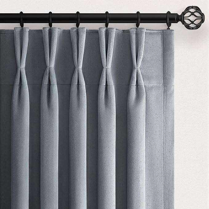 Gray Blue Soft Velvet Pinch Pleat Curtains 90 Inches Long Room Darkening Light by Unknown