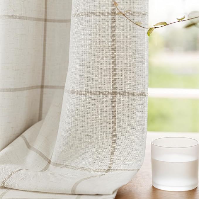 DriftAway 100% Blackout Windowpane Plaid Linen Curtains 36 Inches Taupe | - Image 4