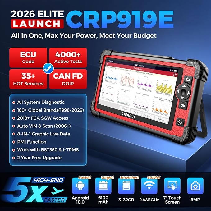 LAUNCH X431 CRP919E OBD2 Scanner, 2026 Bidirectional Scan Tool As CRP919EBT, ECU Code, 35+ Services, Active Test, All System Diagnose, CANFD & DOIP, FCA SGW, Android 10.0, 160+ Brands, 2 Year Update