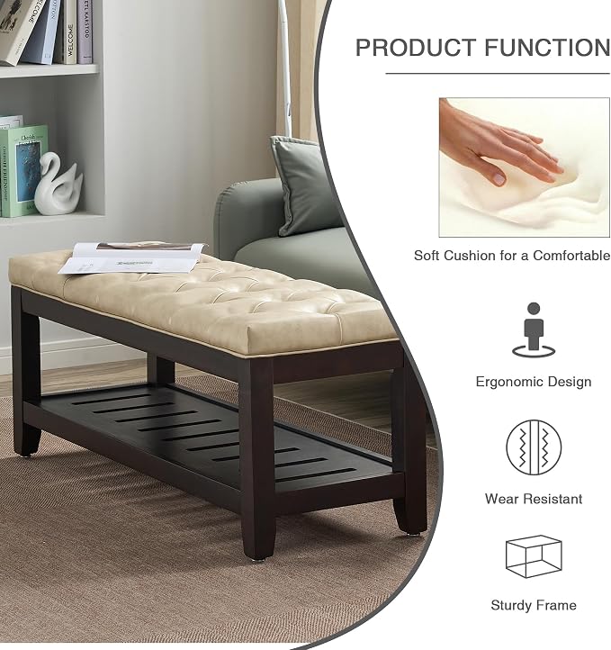 LOULENS 44'' Leather Storage Bench, Modern Upholstered Ottoman, Ivory | Solid - Image 4