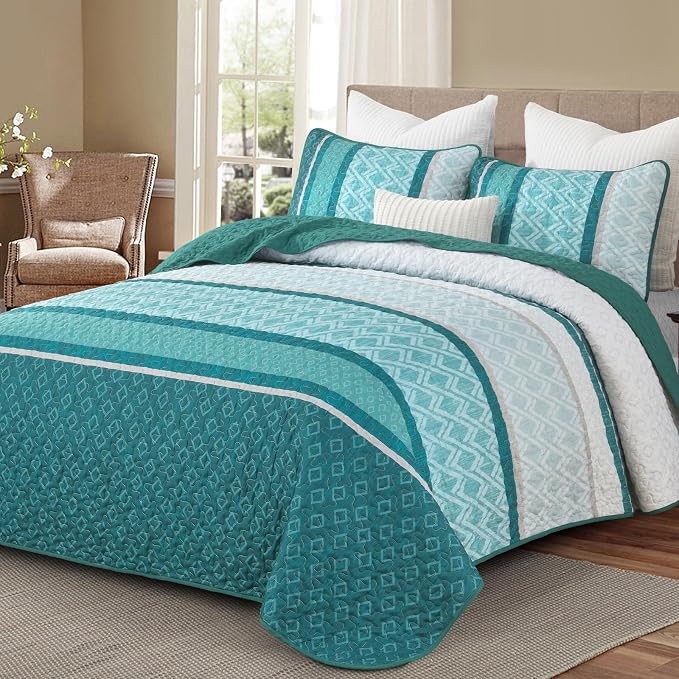 Dinjoy Boho Quilt Set, Turquoise Bedspread Queen Size, Striped Plaid Spring by DINJOY