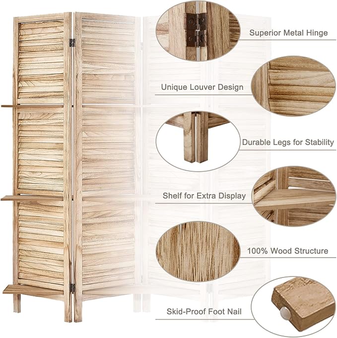 Room Divider with Shelves, 6 Panel Natural Privacy Screen | Partition Room - Image 3
