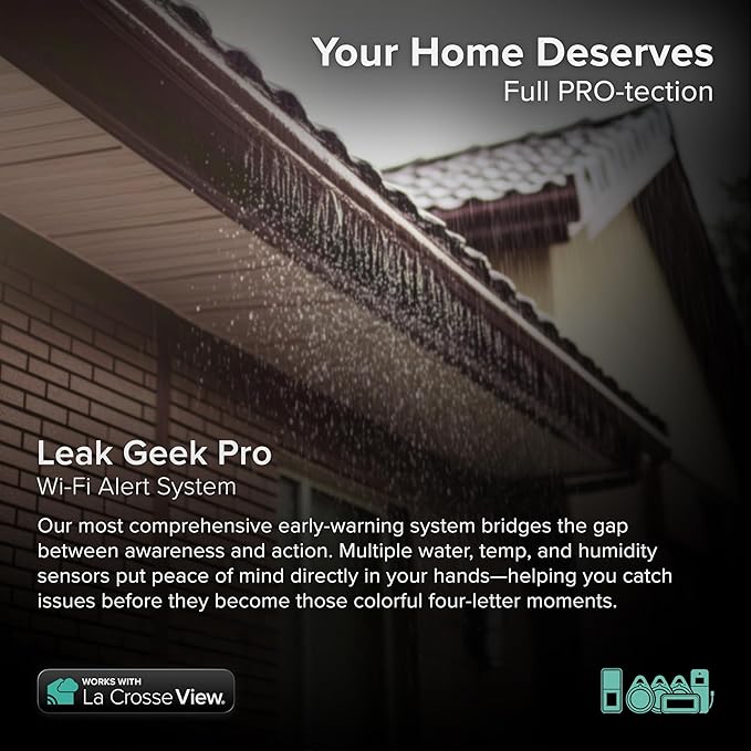 Leak Geek Pro Wi-Fi Alert System: Bridge Gateway, 3 Water Spot Detection Sensors, a Water Leak Area Detection Sensor with 76-inch Cable, and an Interior Temperature and Humidity Sensor Display