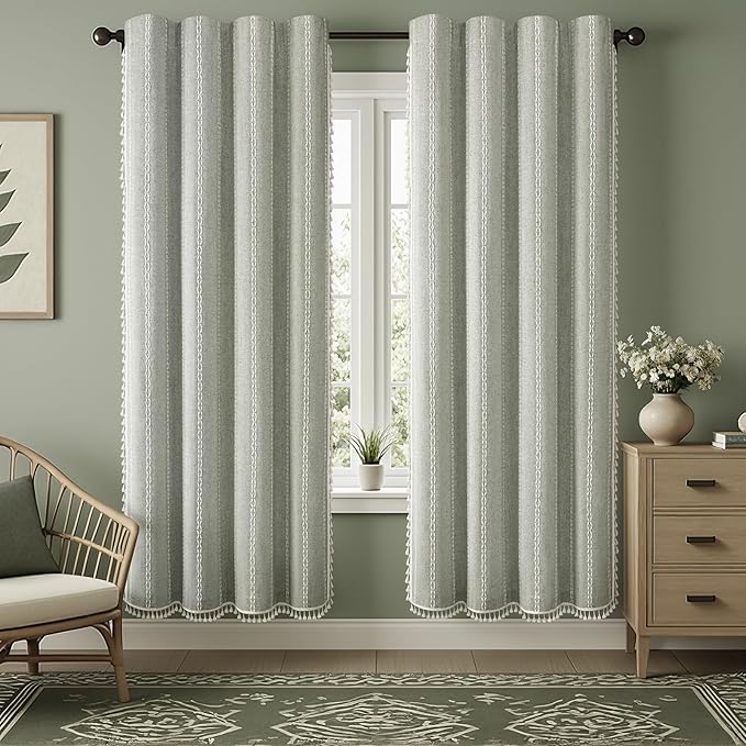 Sage Green Boho Blackout Curtains 84 Inch 2 Panels - Image 2