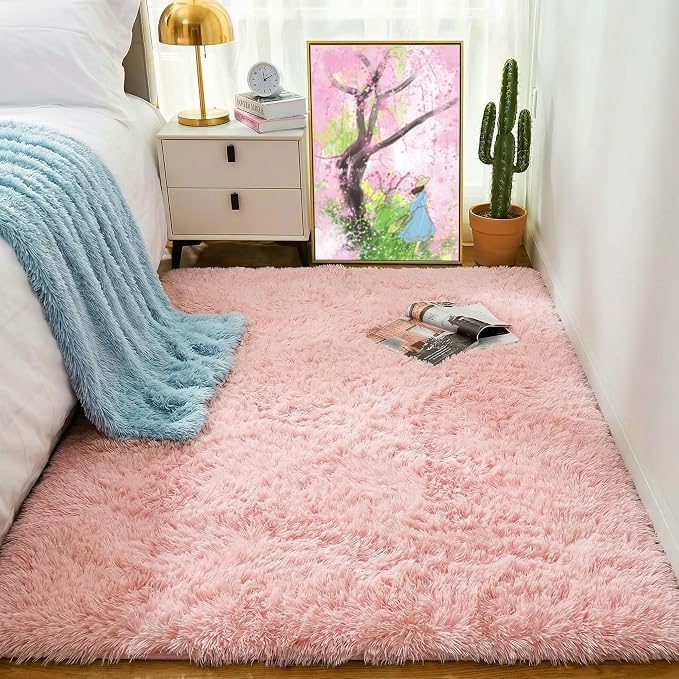 Pink Fluffy Shag Machine Washable Area Rugs - Image 3