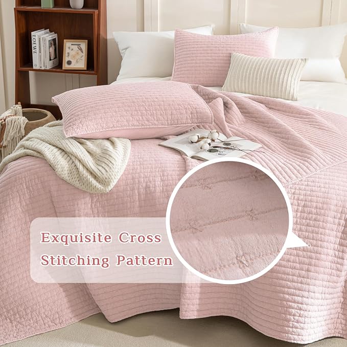 CozyTide Stone-Washed Cotton Queen Quilt, Blush Pink Stitching Pattern - Image 3