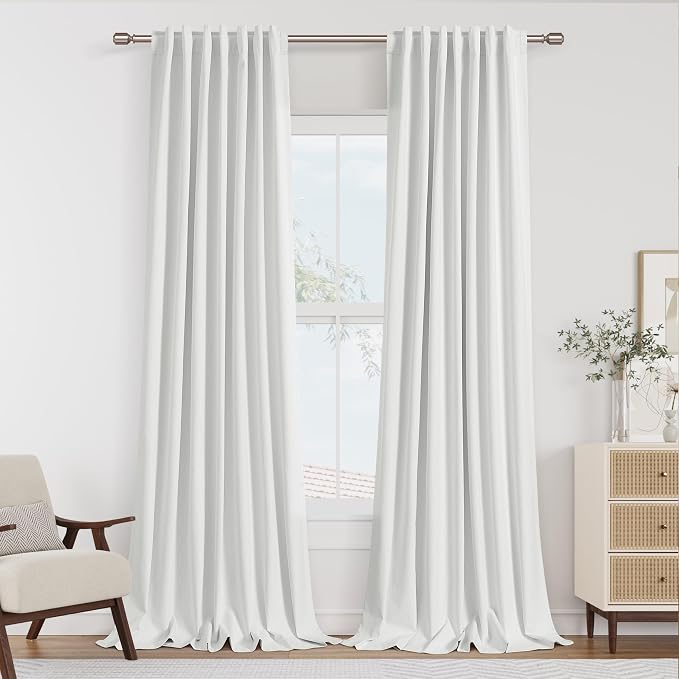 White 100% Blackout Linen Curtains 86 Inch Length 2 Panels Set by Guken