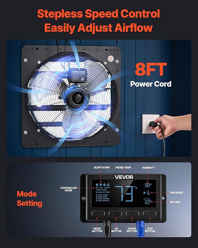 VEVOR 20 inch Shutter Exhaust Fan, Wall Mounted Attic Vent Fan with Smart Programming Variable Speed Temperature Control, 2900 CFM,EC Motor,Timer, for Shed,Garage,Greenhouse Ventilation Cooling,Black