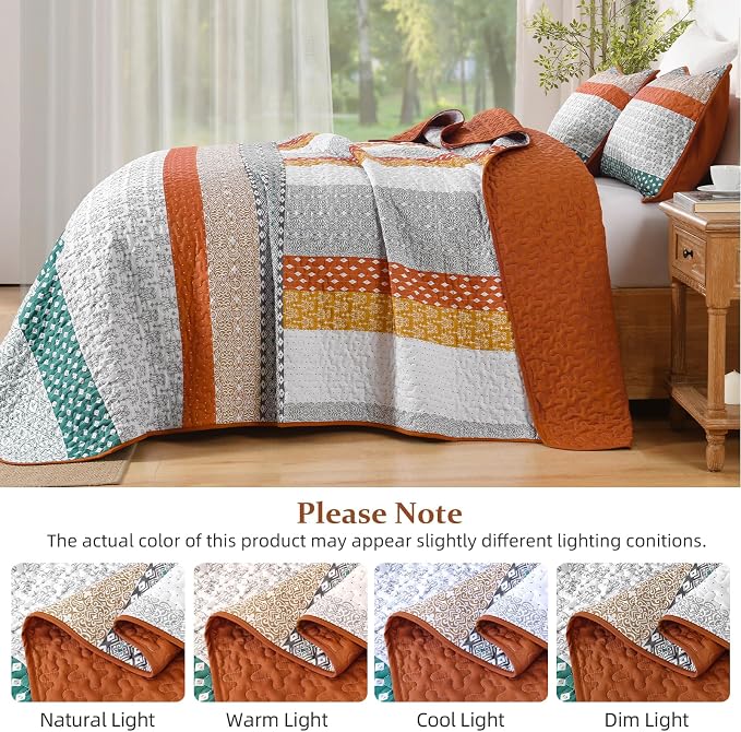 WONGS BEDDING Stripe Quilt Set 3 Pieces Bohemian Stripe Bedspread Sets - Image 5