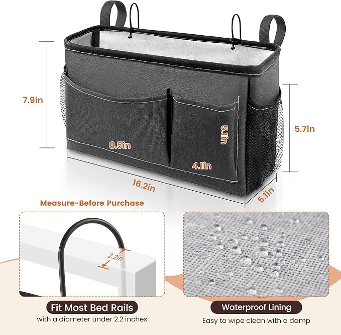Bedside Caddy for Dorm Bed, Bedside Storage Bag Hanging Organizer | Metal Frame - Image 4
