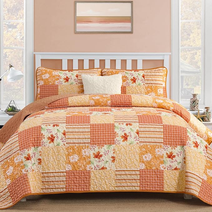 Mybedsoul Orange Quilt Set King Size Quilt Bedding Set, 3 Pieces Floral by Mybedsoul