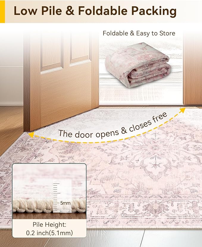 Area Rugs 8ft Washable Non-Slip, Floral Vintage Distress Print Pattern Medallion Carpet for Living Room Bedroom Dining Room, Pink Greypink Cute