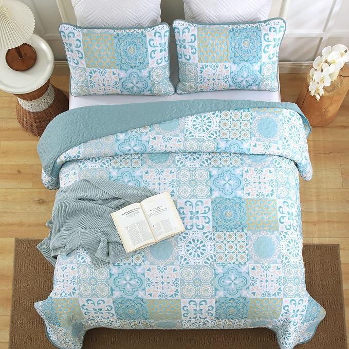 Dobuyly Patchwork Quilt Set King Size, Aqua Blue Boho Summer Bedspreads - Image 3