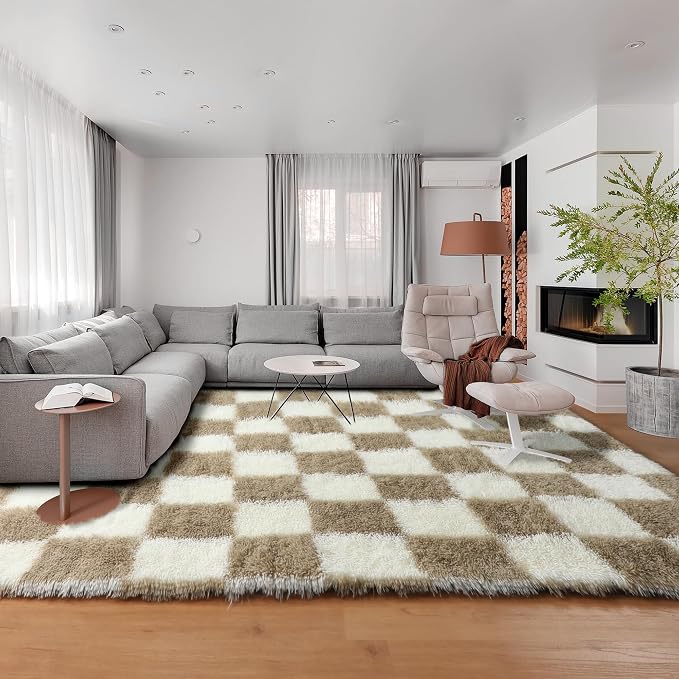 KICMOR Living Room Rug 7x9 Area Rug, Large Fluffy Shag Shaggy Fuzzy Checkered - Image 7