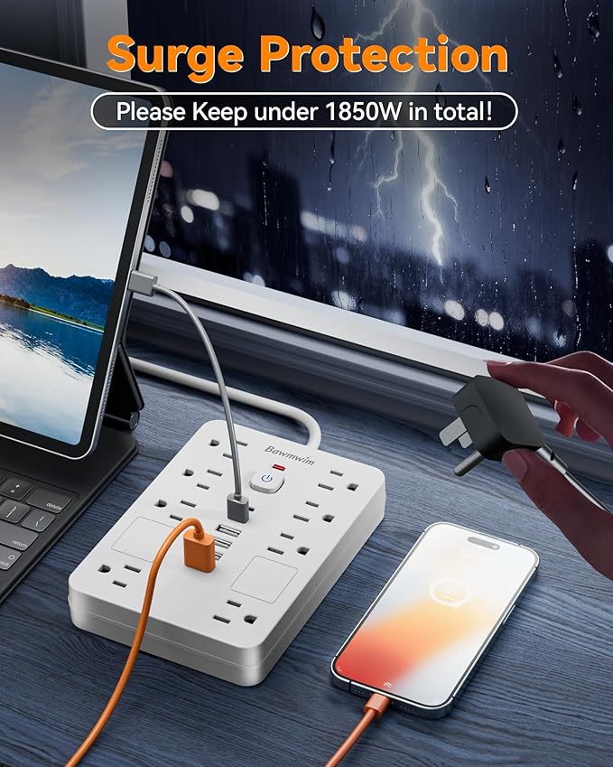 Bawmwim Surge Protector Power Strip - 8 Outlets(1850W/15A) with 6 USB Ports（2 USB C, 6FT Flat Plug Extension Cord, Wall Mount Multi Plug Outlet Extender, ETL Listed for Home, Dorm Room, White