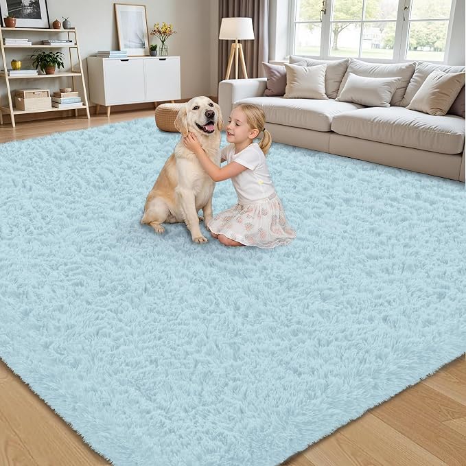 8x10 Area Rug for Living Room, Light Blue Fluffy Shag Non-Slip Bedroom Rugs | - Image 4