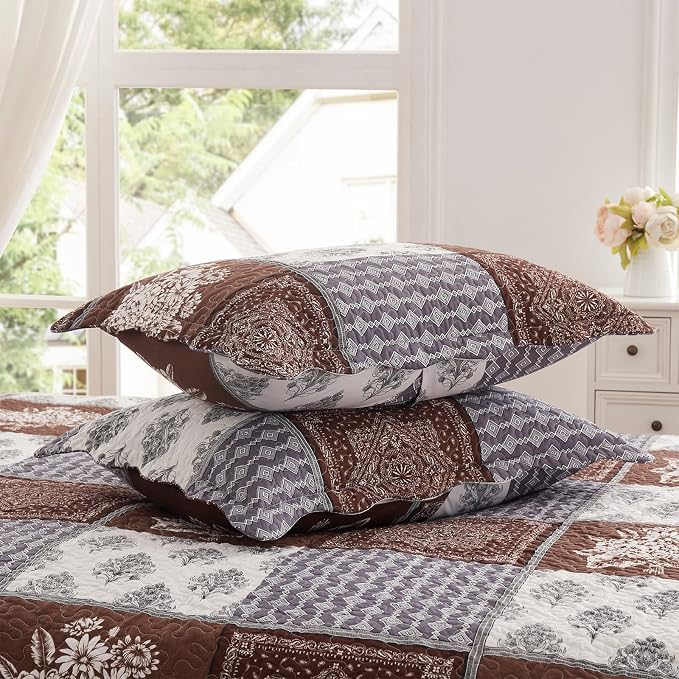 3 Pieces California King Size Quilt Set Brown Oversized 120x120 Inch Bedspread - Image 7