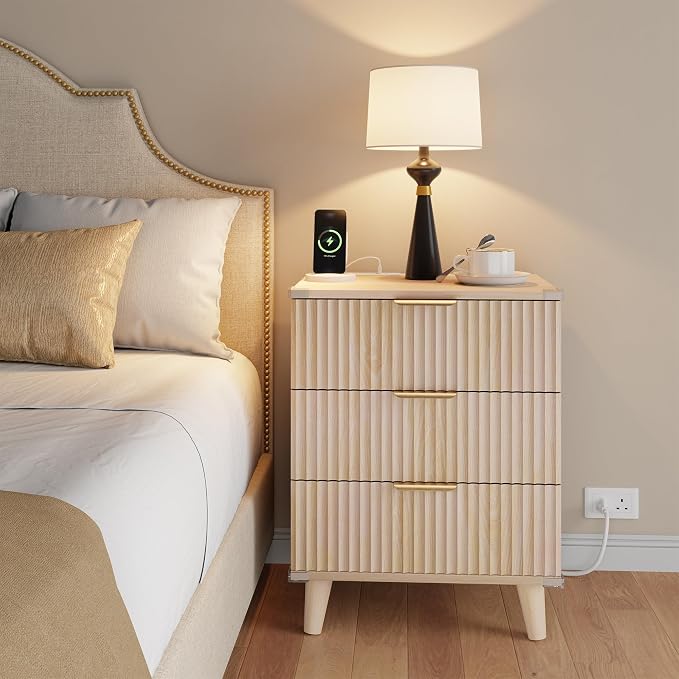 Wood Bedside Table w/Charging Station, 3 Drawers Fluted Dresser | Natural - Image 2