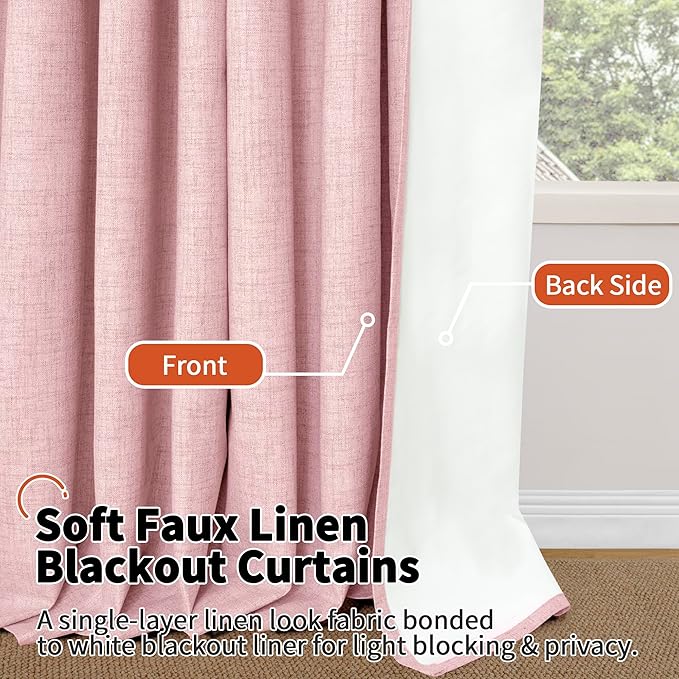 Baby Pink Linen Blackout Curtains for Nursery 45 Inch Length 2 Panels Set, Thermal Insulated Boho Total Black Out Noise Reducing Bonzer Grommets Window Curtains for Girls Bedroom, Each 52 Inch Wide