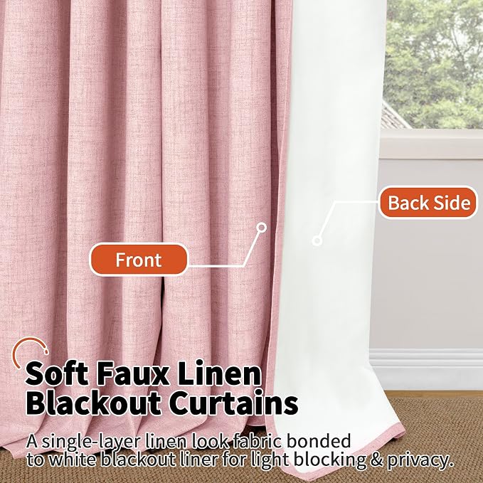 Baby Pink Linen Blackout Curtains 63" Long Each 60 Wide 2 Panels | Thermal - Image 8